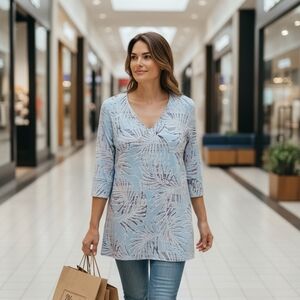 Clara Sun Woo - NWT Turquoise Tunic W/ White & Navy Blue Floral Design, V-Neck